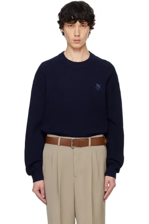 Maison Kitsuné Pull bleu marine en tricot côtelé à écusson à logo de renard