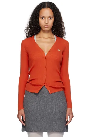 Maison Kitsuné Cardigan rouge en tricot côtelé à écusson à logo de renard