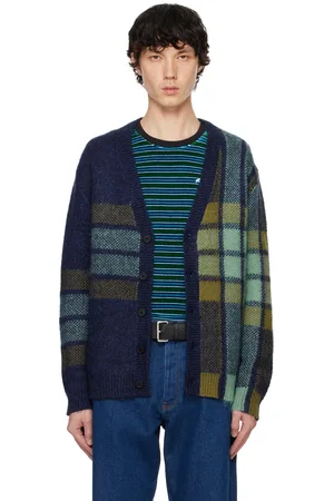 Maison Kitsuné Cardigan bleu marine et vert à carreaux graphiques en intarsia