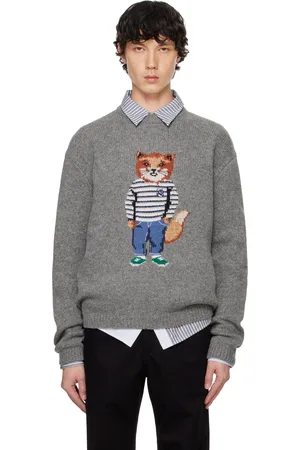 Maison Kitsuné Pull gris à logo de renard habillé en intarsia