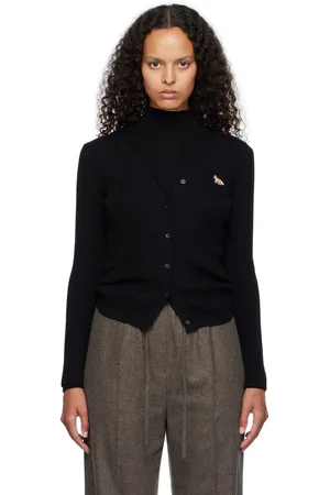 Maison Kitsuné Cardigan noir en tricot côtelé à écusson à logo de renard