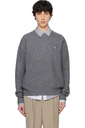Maison Kitsuné Pull gris en tricot côtelé à écusson à logo de renard