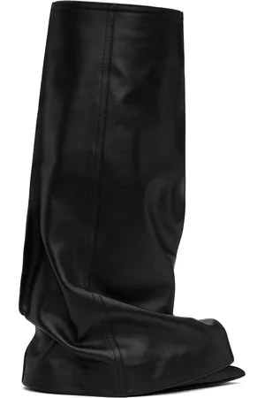 SACAI Bottes hauteur genou noires en cuir à col replié à fronces