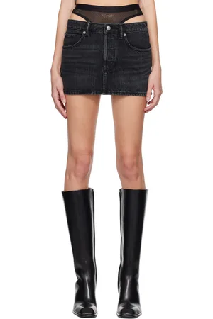 Alexander Wang Minijupe étagée noire en denim à appliqués facettés thermocollés