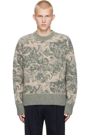 Ami Pull beige et vert en alpaga et mohair à col ras du cou et à motif en tricot jacquard