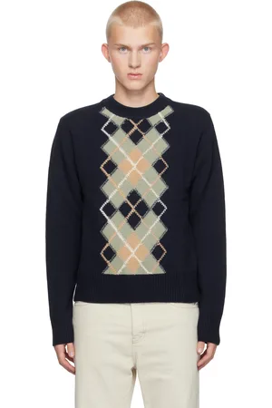 Ami Pull bleu marine à col ras du cou et à motif argyle