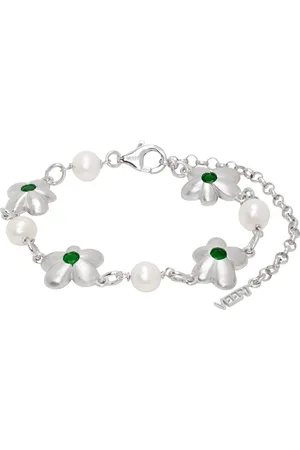 Veert Bracelet en or blanc à perles et à breloques florales à agate verte