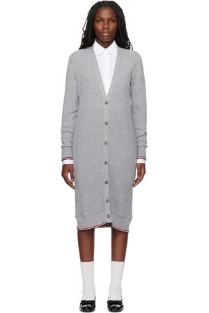 Thom Browne Robe midi de style cardigan ample grise en tricot côtelé de cachemire