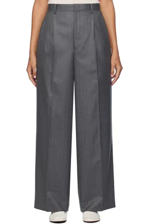 Auralee Pantalon gris en flanelle de laine à rayures fines