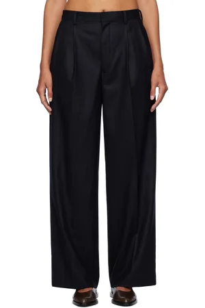 Auralee Pantalon bleu marine en flanelle de laine à rayures fines