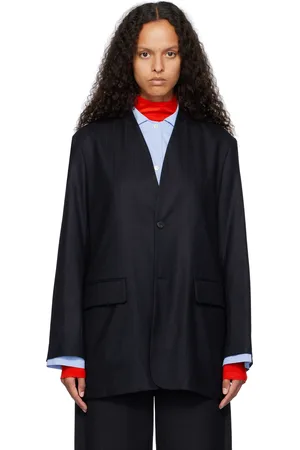 Auralee Veston bleu marine en flanelle de laine à rayures fines