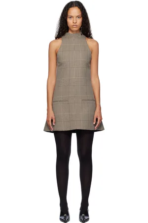 Courrèges Robe trapèze courte sans manches beige et brun à motif Prince-de-Galles