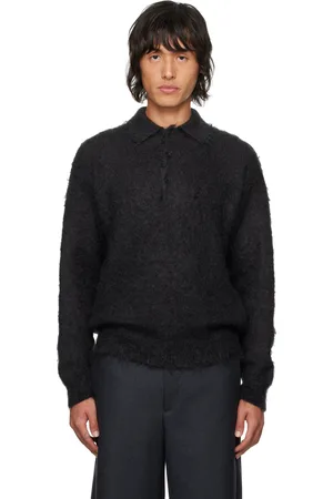 Auralee Polo noir en tricot brossé de mohair super kid