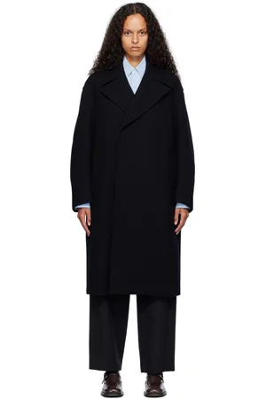 Auralee Manteau bleu marine en melton de laine à double boutonnage