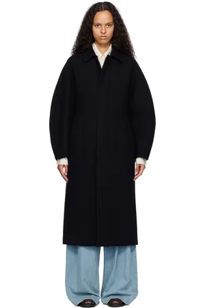 Auralee Manteau bleu marine en melton de laine à col classique