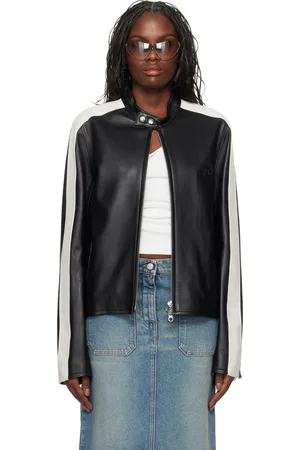 Courrèges Blouson motard noir en cuir à rayures contrastantes