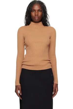 Courrèges Pull Solar beige en tricot côtelé léger à col cheminée