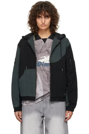 DIME Blouson aviateur noir et gris en denim à capuche et à panneaux