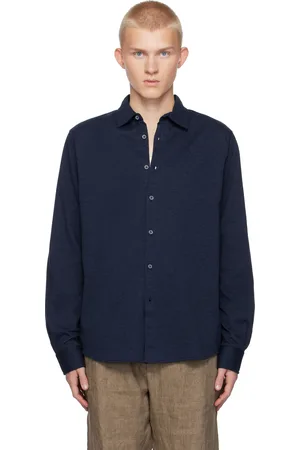 Sunspel Chemise bleu marine en piqué de cachemire et coton