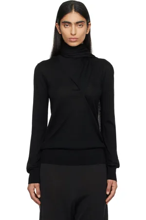 Totême Pull drapé noir en tricot à mailles fines à écharpe