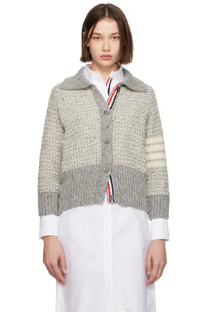 Thom Browne Cardigan gris en point froncé à quatre rayures et à manches raglan