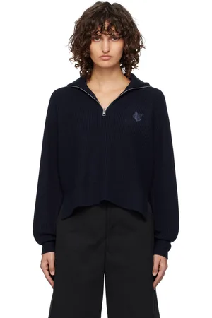 Maison Kitsuné Pull bleu marine en tricot côtelé à logo de renard et à demi-glissière