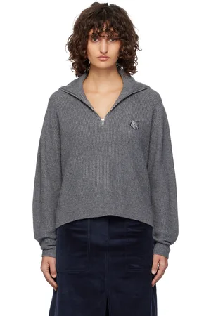 Maison Kitsuné Pull gris en tricot côtelé à logo de renard et à demi-glissière