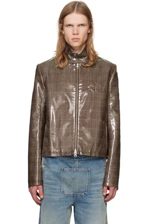 Courrèges Blouson motard brun en vinyle à motif Prince-de-Galles