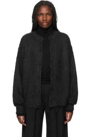Auralee Cardigan noir en tricot brossé de mohair super kid