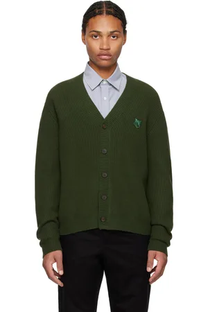 Maison Kitsuné Cardigan vert en tricot côtelé à écusson à logo de renard