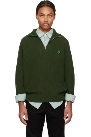 Maison Kitsuné Pull vert en tricot côtelé à logo de renard et à demi-glissière