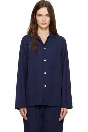 Tekla Chemise de pyjama à manches longues bleu marine en popeline