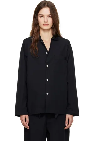 Tekla Chemise de pyjama à manches longues noire en popeline