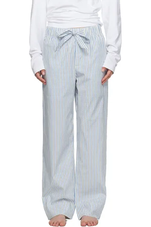 Tekla Pantalon de pyjama blanc et bleu en popeline