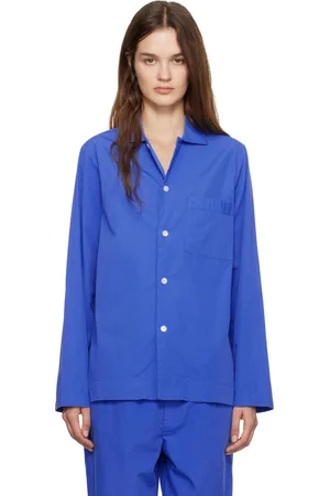 Tekla Chemise de pyjama à manches longues bleue en popeline