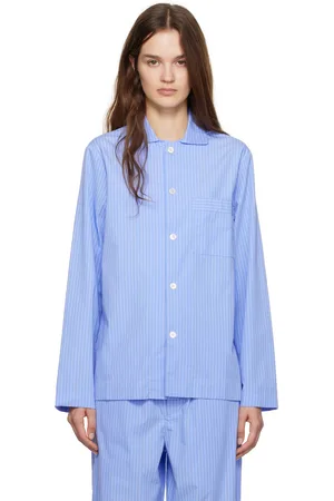 Tekla Chemise de pyjama à manches longues bleue en popeline