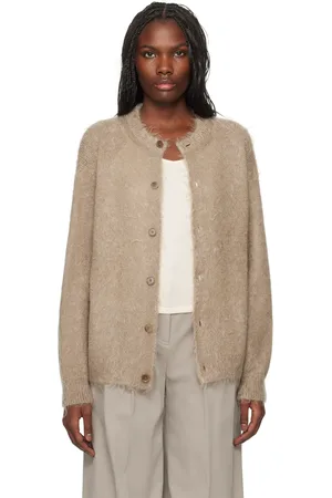 Auralee Cardigan beige en tricot brossé de mohair super kid