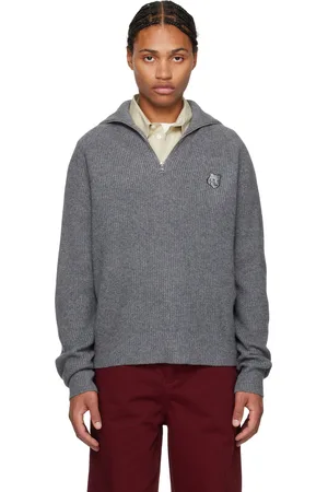 Maison Kitsuné Pull gris en tricot côtelé à logo de renard et à demi-glissière
