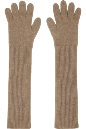 Auralee Gants longs taupe en tricot de cachemire de chevreau
