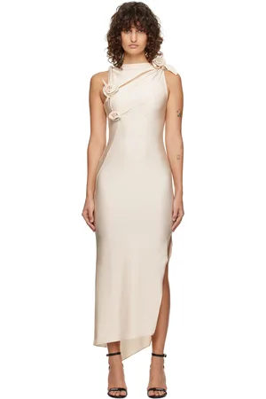 COPERNI Robe longue asymétrique blanc cassé à appliqués floraux