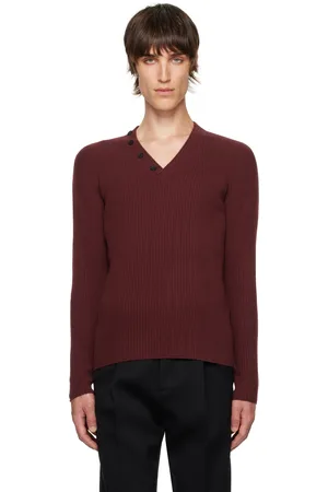 Lanvin Pull bourgogne en tricot côtelé à col en V