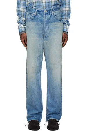 Auralee Jean ample bleu en denim épais à lisière à effet délavé
