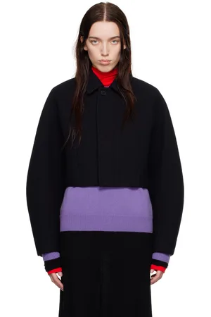 Auralee Blouson court bleu marine en melton de laine