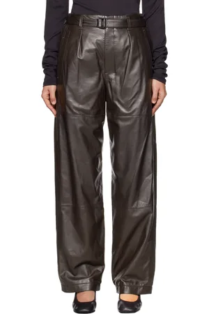 LEMAIRE Pantalon décontracté noir en cuir à ceinture coulissante