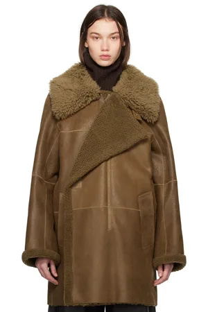 LEMAIRE Manteau asymétrique brun à garnitures en peau retournée
