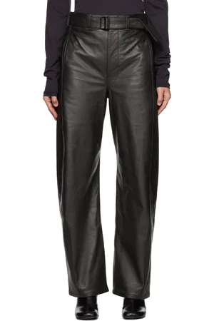 LEMAIRE Pantalon noir en cuir à coutures extérieures torsadées et à ceinture coulissante