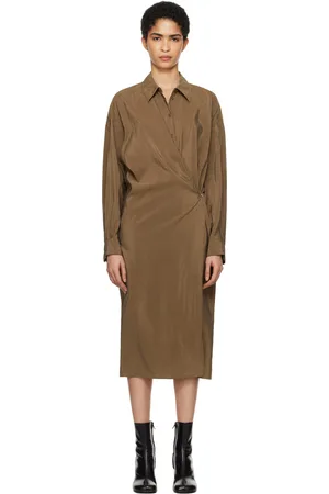 LEMAIRE Robe midi brune à col classique et à assemblage cache-cœur