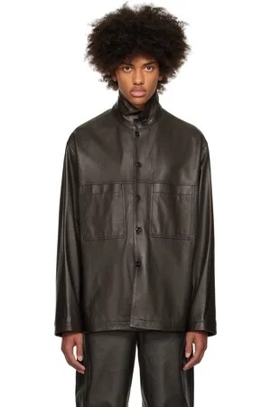 LEMAIRE Chemise brune en cuir à col droit
