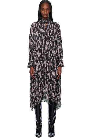 Ganni Robe midi noire à motif fleuri imprimé et à plis