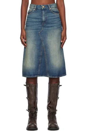Ganni Jupe midi bleue en denim à effet délavé